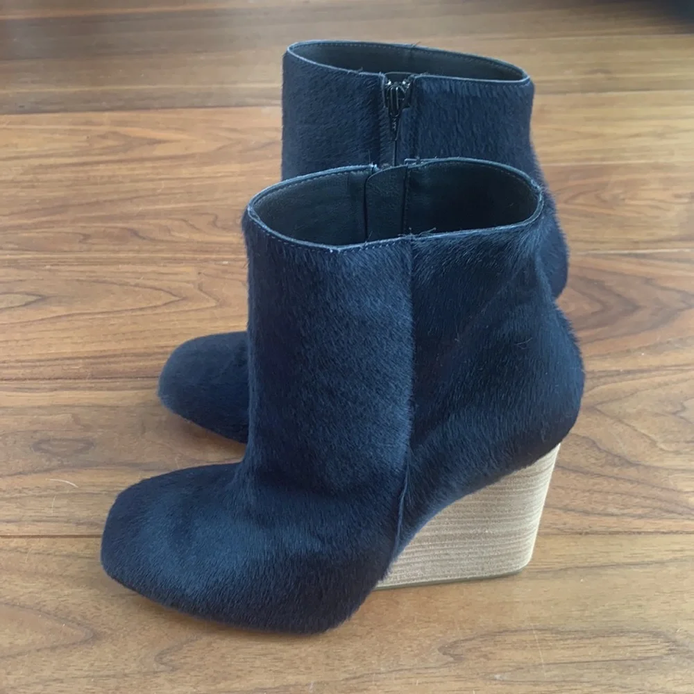 Vic Matie Navy Blue Ankle Booties with Wood Wedge Heel